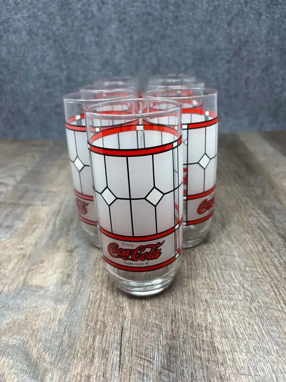 Vintage Coca-Cola Frosted Stained Glass Tiffany Style Drinking Glasses Set of 7